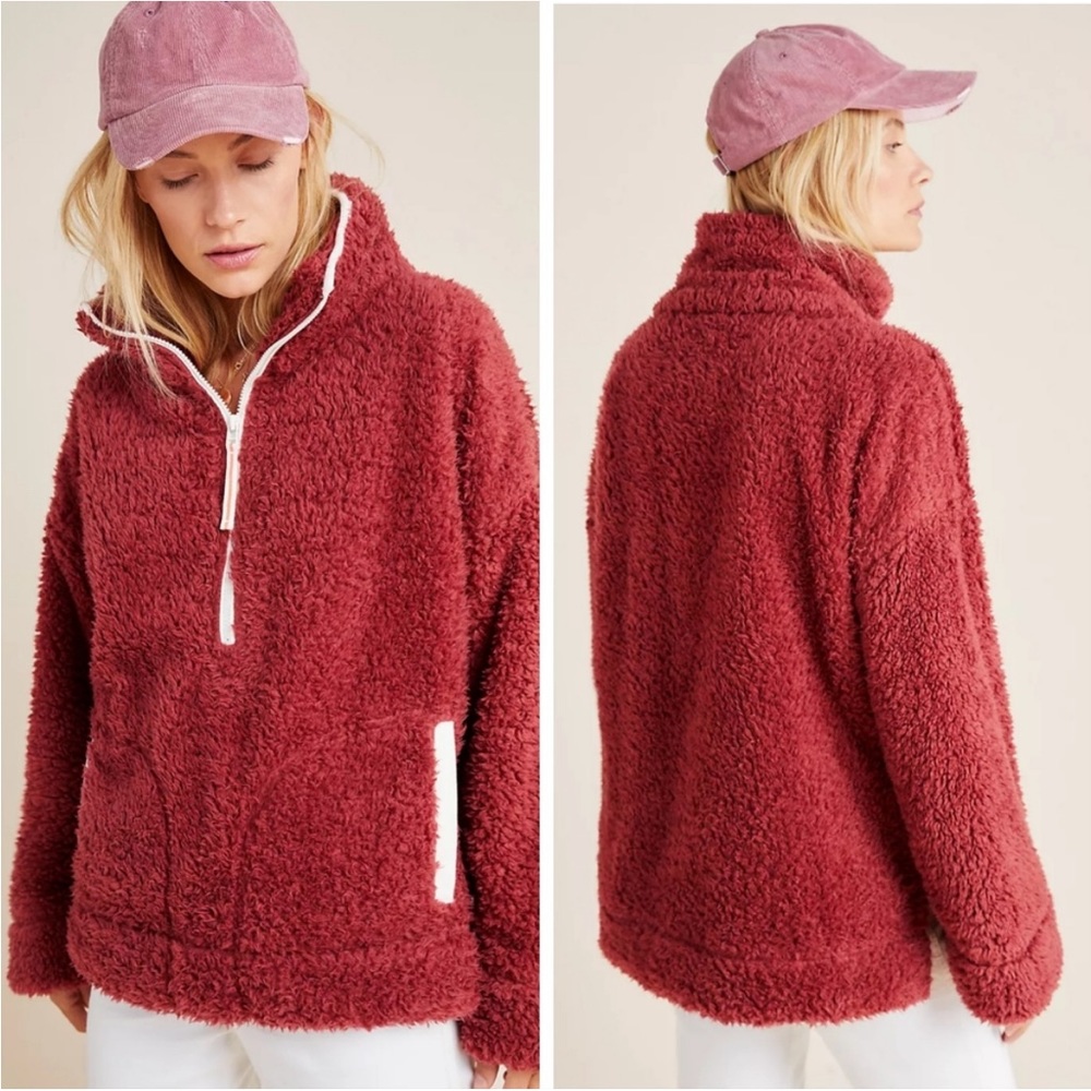 NWT Anthropologie  Annette Sherpa Pullover Sweater 1/4 zip Cozy w/pockets XL